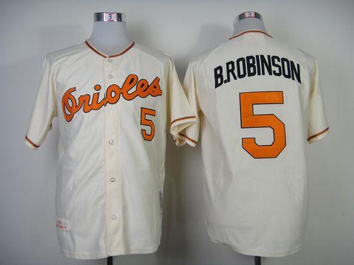 Mitchell And Ness 1989 Orioles #5 Brooks Robinson Cream Throwback Stitched MLB Jersey - Click Image to Close
